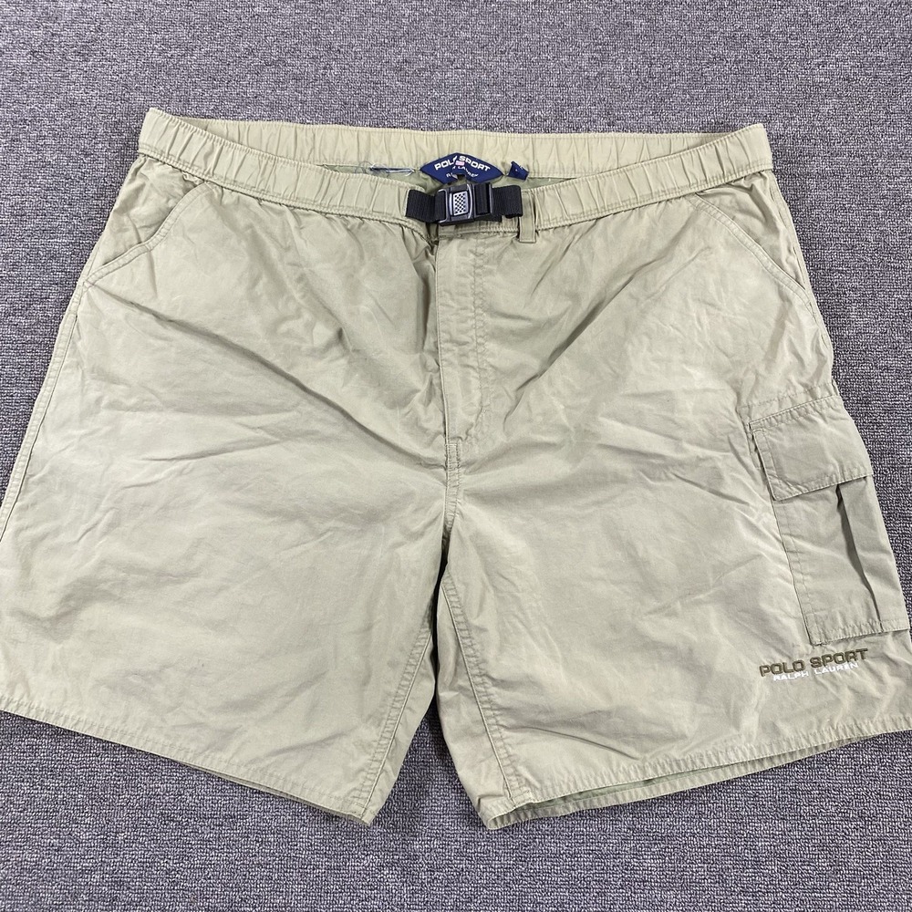 Vintage Polo Sport Shorts Mens XL Beige Green Nylon Belted Logo 90s Ralph Lauren